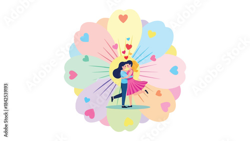 Eternal Love: A vibrant illustration depicts a couple embracing within a stylized flower, with hearts floating upwards. A symbol of romance and love.