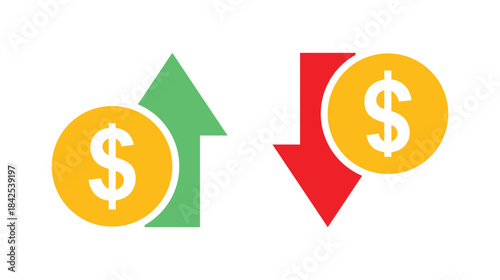 Financial Growth and Decline Icons with Dollar Symbols, Green Up Arrow and Red Down Arrow Illustration