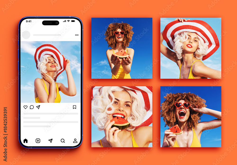 Phone Screen Social Media Square Multi Screen Post Feed Mockup Isolated ...