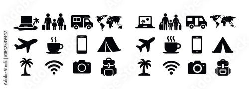 Travel icons: laptop, airplane, camera, tent, map, people, lugga