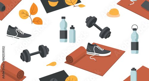 A collection of essential gym and workout equipment including dumbbells, shoes, and mats