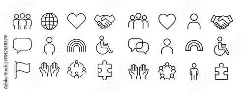 Diverse line icons: community, communication, inclusion, unity,