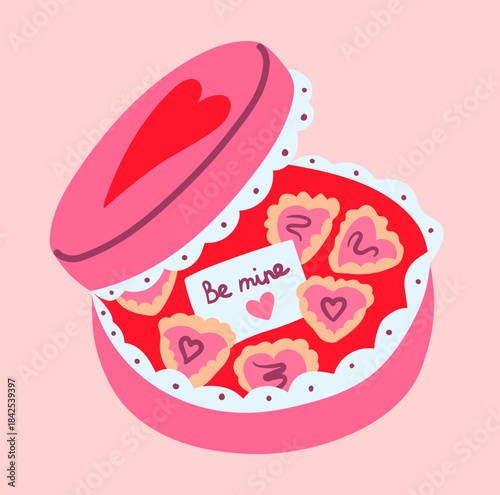Flat style illustration of pink heart chocolate box with open lid, scalloped trim, and be mine note, perfect for Valentine s Day cards, sweet packaging, and romantic gift designs.