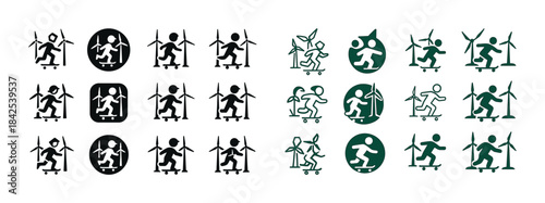 Stick figure skateboarding and wind energy icon set