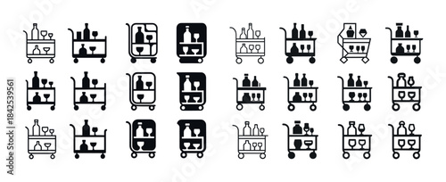 Set of drink cart icons with various bottle and glass arrangemen