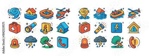 Emergency preparedness icons: natural disasters and safety equip
