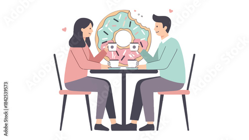 Sweet Moments: A couple shares an intimate moment, enjoying coffee and a donut, against a backdrop of love and affection. Capturing the essence of connection and sweetness. 