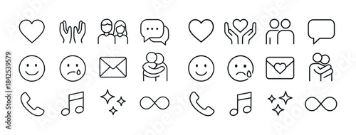 Minimalistic black line art emojis including heart, music note,