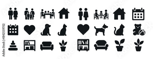 Family and home icons: people, pets, furniture, and more