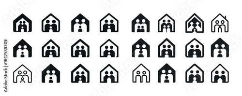 Set of 24 diverse house icon variations in black and white