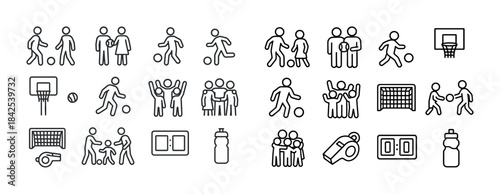 Outline icons of people playing various sports and sporting equi