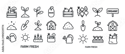 Organic farm fresh icons collection with plants and tools