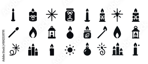 Set of 24 candle and flame icons including lanterns and jars