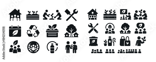 Eco-friendly icons set featuring recycling gardening community f