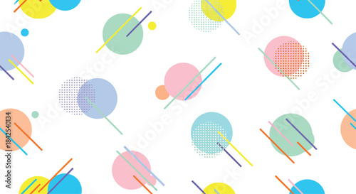 Abstract geometric pattern with colorful circles and dynamic lines on white background