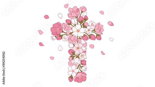 A cross made of pink and white flowers on a symbolizing faith and spirituality with floral elements