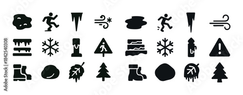 Winter safety icons: snow, ice, wind, caution, warning, weather