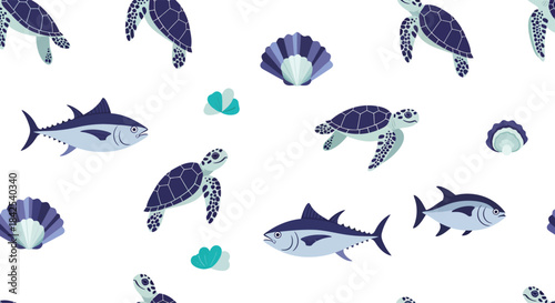 A seamless pattern featuring sea turtles, tuna fish, and seashells in an underwater theme