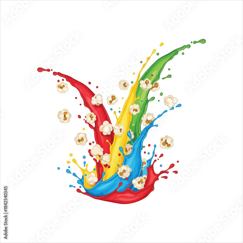 a dynamic splash illustration showing colorful red, yellow, green, and blue liquid with pieces of white popcorn bursting out