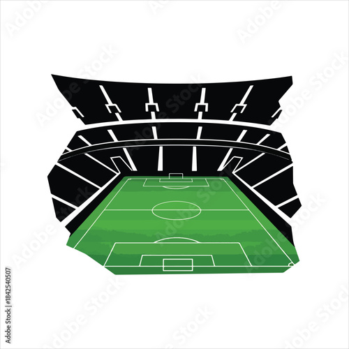 a stylized black-and-white illustration of an empty, elevated soccer or football stadium with a vibrant green pitch