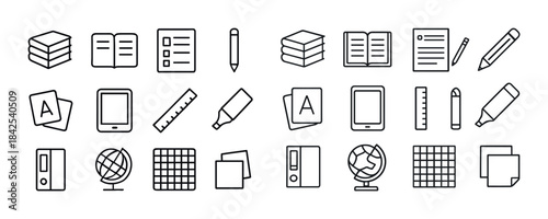 Outline icons of office supplies and educational tools