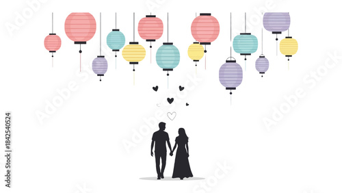 Eternal Bond Under the Lanterns: A tender moment unfolds as a couple walks hand-in-hand beneath a cascade of colorful lanterns, symbolizing everlasting love and the beginning of a shared journey. 