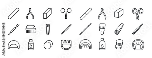 Nail care tools line icons set with clippers and brushes