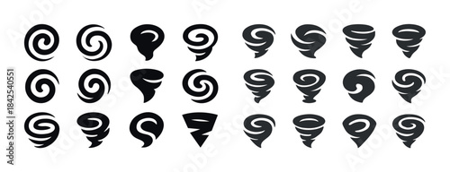 Set of stylized tornado icons with spiral and swirl shapes in bl