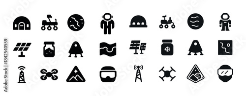 Space exploration icons: astronaut, rover, solar panels, alien p