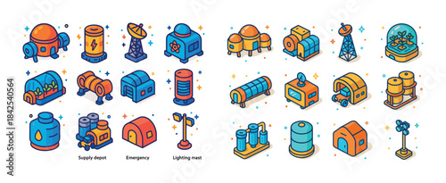 Colorful isometric illustrations of futuristic supply depots and