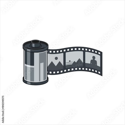 an illustration of a roll of analog film, with part of the developed strip showing grayscale images