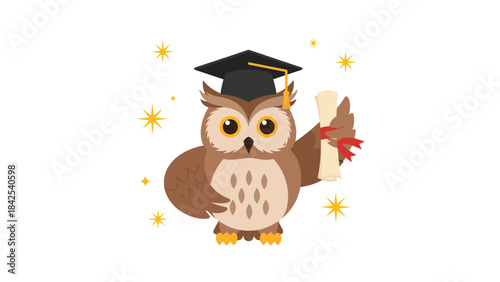 A cartoon owl wearing a graduation cap and holding a diploma with stars around it