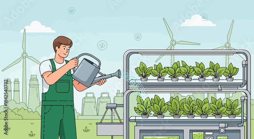 Modern sustainable agriculture practices with indoor hydroponics and renewable energy integration