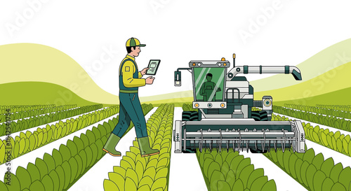 Precision agriculture: Farmer using tablet next to combine harvester in crop field for modern