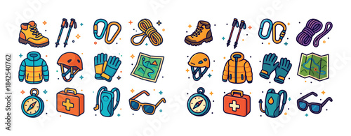 Colorful hiking gear collection: boots, poles, compass, gloves,