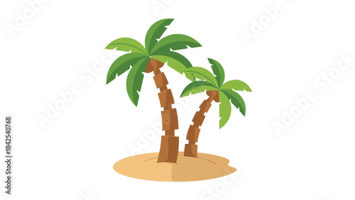 Two cartoon palm trees on a small sandy island with green leaves