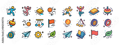 Colorful icon set featuring sports, games, and leisure activitie