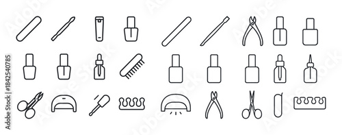 Nail care icon set: files, clippers, polish bottles, cuticle pus