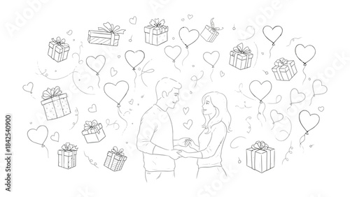 Eternal Embrace: A sketch captures a tender moment between a couple amidst a romantic array of gifts and heart-shaped balloons, symbolizing everlasting love and the joy of shared moments.