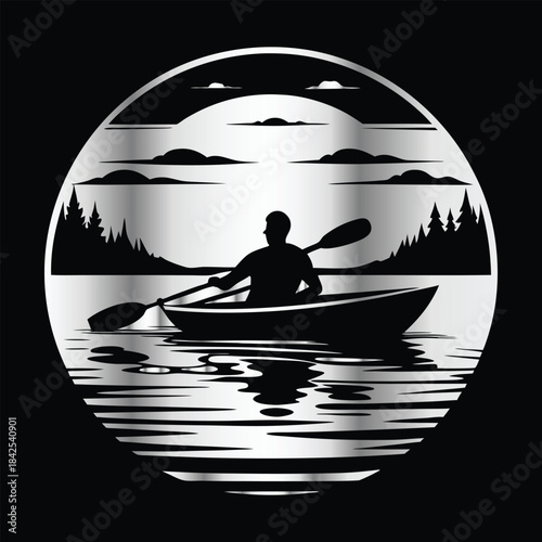 Adventure kayaking logo design.Vector illustration on black background.
Adventure kayaking logo design.kayak on the lake, mountains silhouette in the circle, vector illustration
