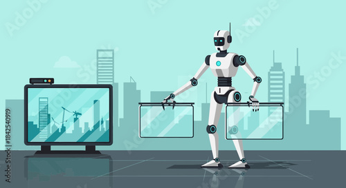 Robot assistant with city skyline displays, showcasing a vision of futuristic collaboration and
