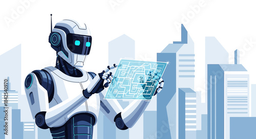 Robot interacting with digital interface in futuristic urban environment illustration