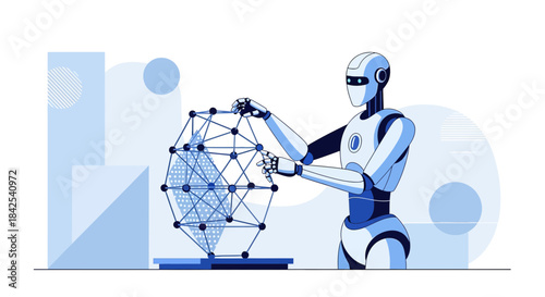Robot Manipulating Complex Network Sphere representing Artificial Intelligence Solutions