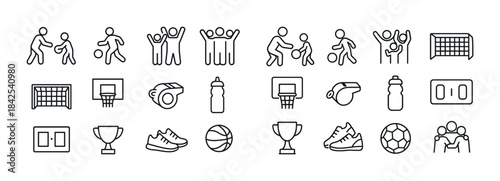 Line icons of sports activities and equipment: basketball, socce