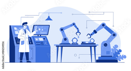 Robotics automation research and development lab monitored by a scientist working on innovation