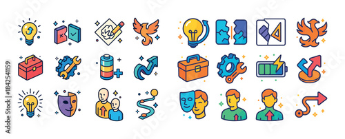 Colorful icon set on creativity and project management concepts