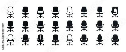 Variety of office chairs silhouettes collection on white backgro