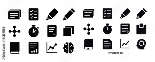 Icon set of tools for editing and revision with pencils, stopwat