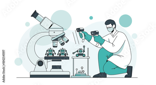 Robotics lab researcher using laser temperature gun on tiny robots in laboratory