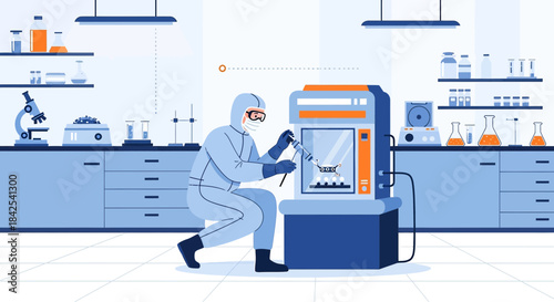 Scientist conducting research in laboratory with high tech equipment and protective gear